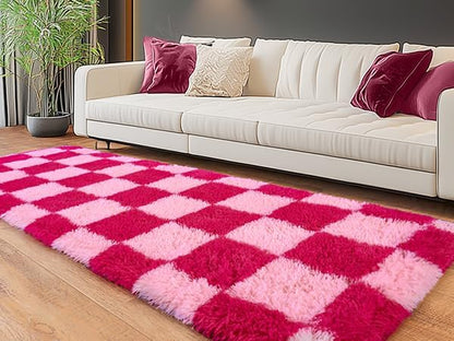 Fluffy Area Rugs for Living Room, Soft Shaggy Carpets for Living Room, Upgrade Anti-Slip Fuzzy Rugs for Kids' Room, Perfect Decor for Modern Home Hot Pink Grid 2x6 Feet