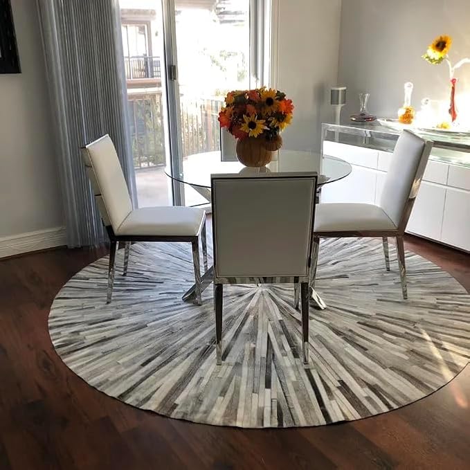 Grey Faux Cowhide Patchwork Area Rug 7×7 ft – Luxurious Leather-Look Carpet for Living Room, Bedroom, Kids Playroom & Lounge | Modern Western Home Decor