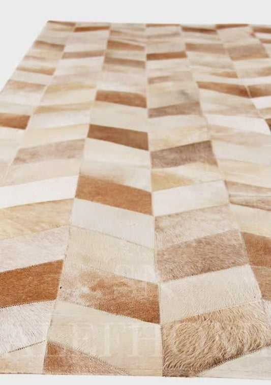 Faux Cowhide Chevron Pattern Area Rug – Beige Geometric Leather Carpet | Modern Durable Floor Accent for Living Room, Bedroom, Dining Room & Office | Size 9.9x14 ft