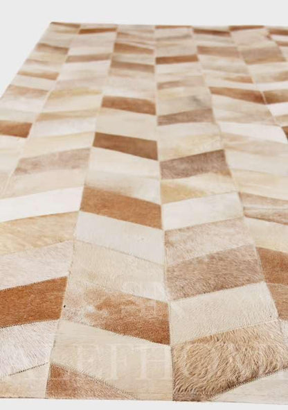 Faux Cowhide Chevron Pattern Area Rug – Beige Geometric Leather Carpet | Modern Durable Floor Accent for Living Room, Bedroom, Dining Room & Office | Size 9x12 ft