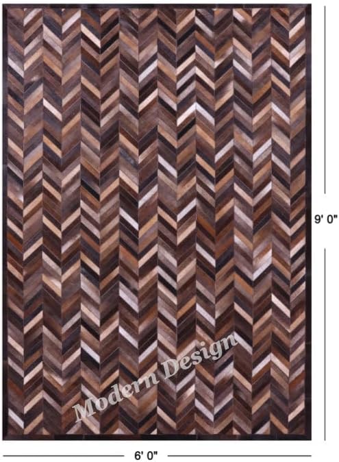 Modern Design Premium Cowhide Leather Carpet with Chevron Pattern, Area Rug (Natural Multi Brown, 10x14)