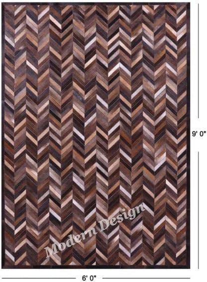 Modern Design Premium Cowhide Leather Carpet with Chevron Pattern, Area Rug (Natural Multi Brown, 3x10)