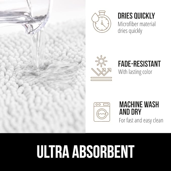 GORILLA GRIP Bath Rug Mat 60x17, Thick Soft Absorbent Chenille, Quick Dry Microfiber Mats, Rubber Backing Washable Shower Floor Rugs, Bathmat Runner, US Designed Bathroom Home Decor Accessories White