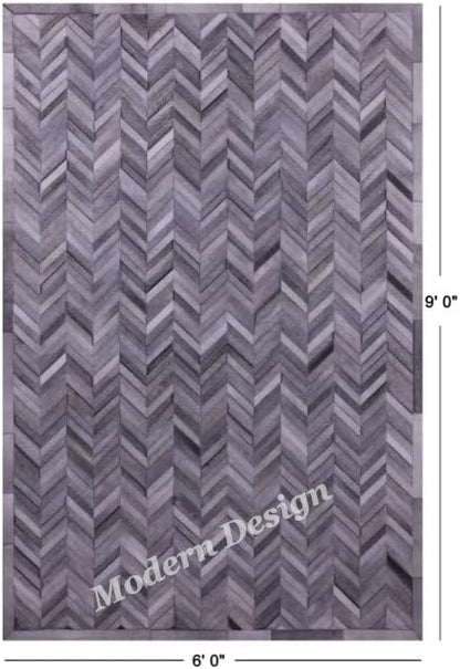 Modern Design Premium Cowhide Leather Carpet with Chevron Pattern, Area Rug (Natural Multi Grey, 2x3)