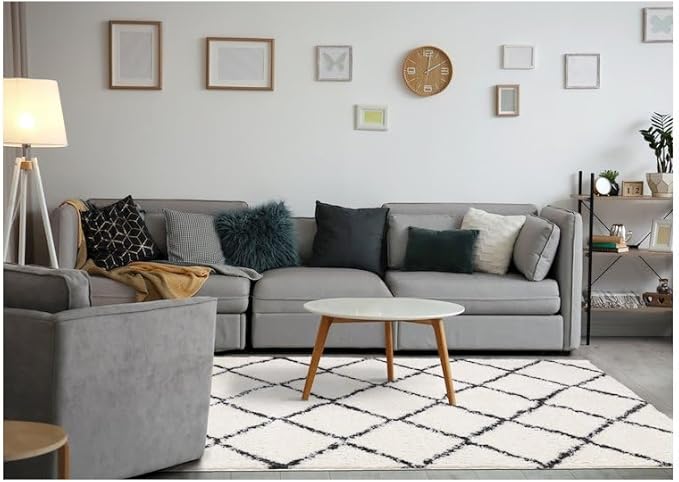 Geometric Grey and White 7x10 Area Rug, Carpet with Lattice Pattern, Large Rug Styled as a Modern Soft Carpet for Living Room Spaces