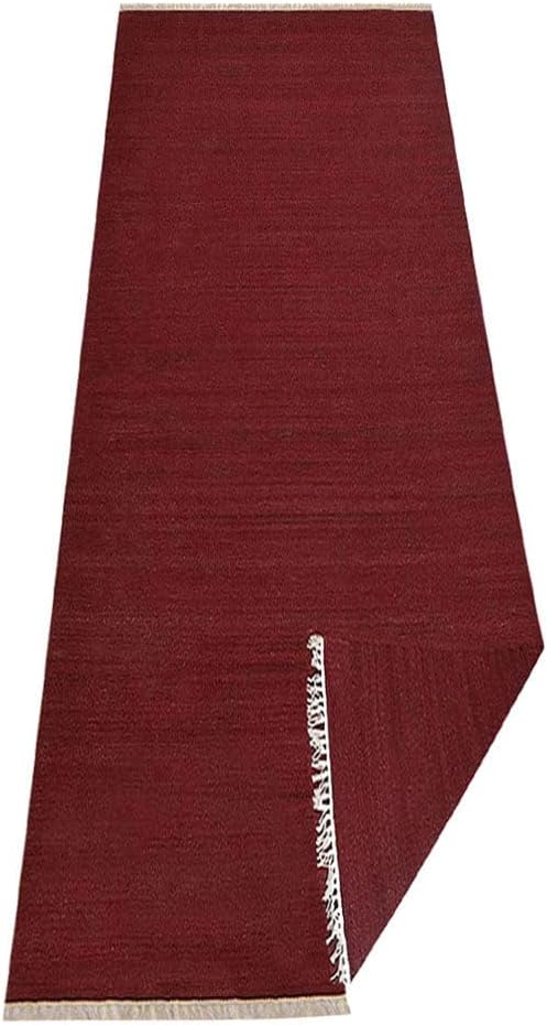 Rugsotic Carpets Hand Woven Flat Weave Kilim Wool ECO-Friendly Area Rugs - 3'x13', Runner Shape, Dark Red Color, Solid Plain Design, Low Pile Handmade Rugs for Living Room, Bed Room (D00111)