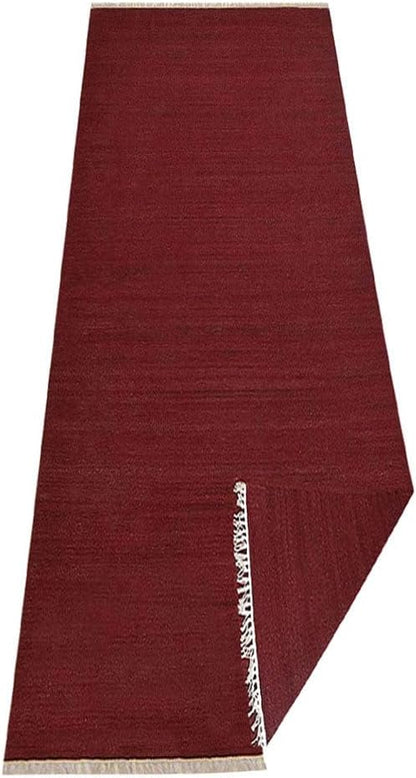 Rugsotic Carpets Hand Woven Flat Weave Kilim Wool ECO-Friendly Area Rugs - 3'x13', Runner Shape, Dark Red Color, Solid Plain Design, Low Pile Handmade Rugs for Living Room, Bed Room (D00111)