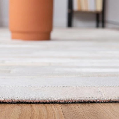 Cowhide Leather Rug for Living Room 4x6 Natural Leather Rug Modern Stripes Style Floor Carpet for Home Decor | Superior Indoor Area Rug, Washable Rug White
