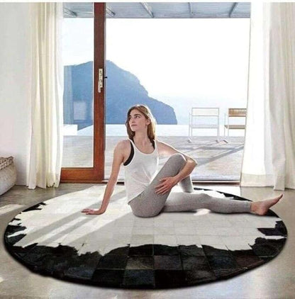 Round Geometric Patchwork Cowhide Leather Area Rug | Washable Non-Slip Carpet for Living Room, Bedroom & Home Décor(6x6 ft_White & Black)