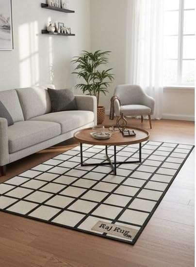 Handmade Wool Area Rug & Runner | Modern Grid Pattern Carpet for Living Room, Bedroom, Hallway & Home Décor | Multiple
