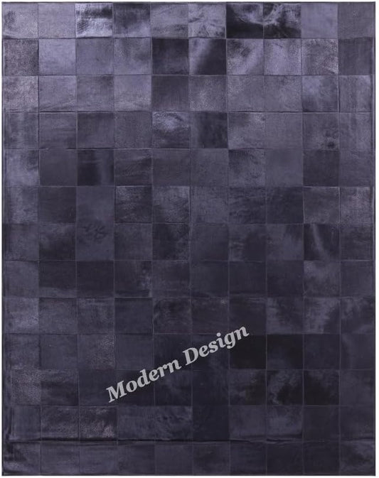 Modern Design Premium Cowhide Leather Carpet with Chevron Pattern, Area Rug (Black, 8x10)