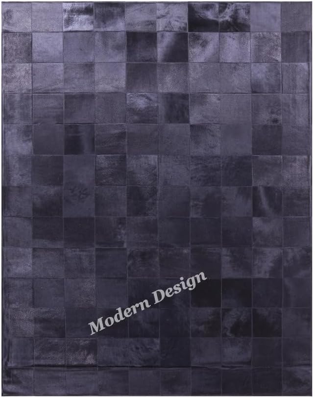 Modern Design Premium Cowhide Leather Carpet with Chevron Pattern, Area Rug (Black, 10x14)