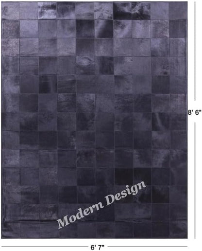 Modern Design Premium Cowhide Leather Carpet with Chevron Pattern, Area Rug (Black, 5x8)