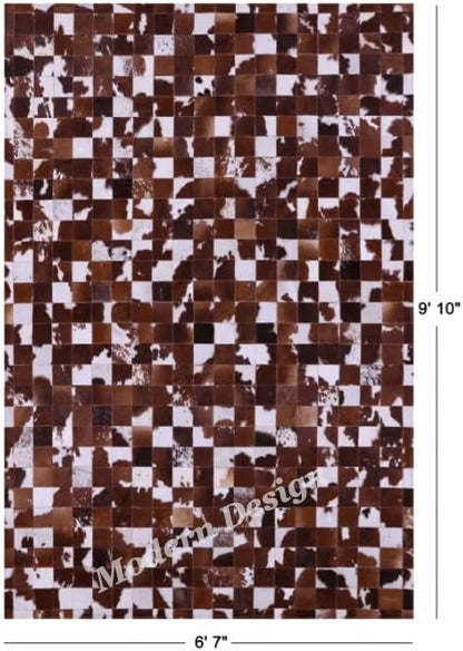 Modern Design Premium Cowhide Leather Carpet with Chevron Pattern, Area Rug (Brwon/White, 12x15)