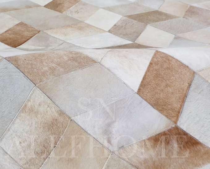Faux Cowhide Chevron Pattern Area Rug – Beige Geometric Leather Carpet | Modern Durable Floor Accent for Living Room, Bedroom, Dining Room & Office | Size 8x10 ft