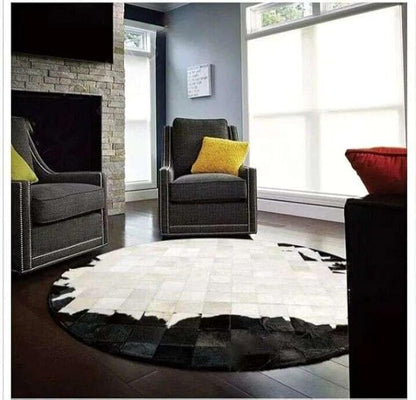 Round Geometric Patchwork Cowhide Leather Area Rug – Washable Non-Slip Modern Carpet for Living Room, Bedroom, Office & Home Décor, Faux Cowhide Accent Rug (Black & White, 7×7ft)