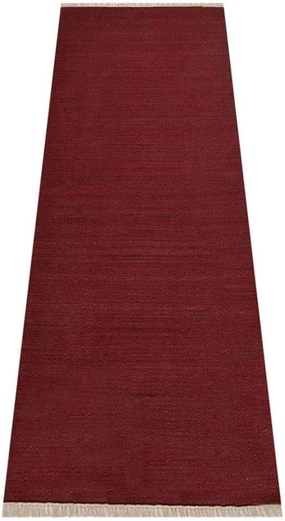 Rugsotic Carpets Hand Woven Flat Weave Kilim Wool ECO-Friendly Area Rugs - 3'x13', Runner Shape, Dark Red Color, Solid Plain Design, Low Pile Handmade Rugs for Living Room, Bed Room (D00111)