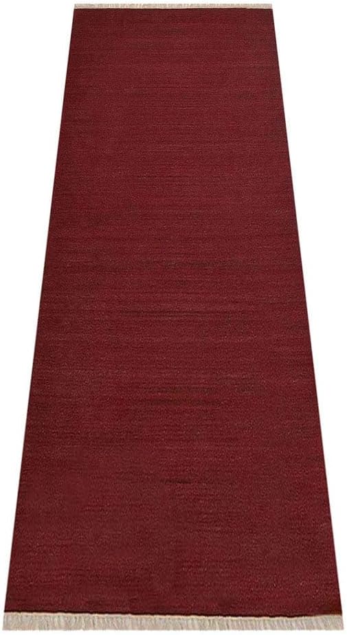 Rugsotic Carpets Hand Woven Flat Weave Kilim Wool ECO-Friendly Area Rugs - 2'6''x6', Runner Shape, Dark Red Color, Solid Plain Design, Low Pile Handmade Rugs for Living Room, Bed Room (D00111)