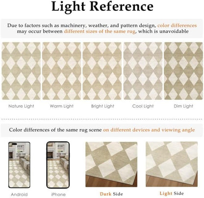 8x10 Checkered Area Rugs for Living Room Beige Machine Washable Large Rug Non-Slip Stain Resistant Low Pile Boho Accent Indoor Throw Carpet for Bedroom Dining Room Home Aesthetic Decor