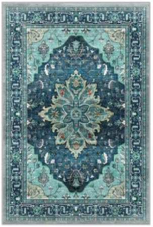 Area Rugs 4'x5' Washable Non-Slip, Floral Vintage Distress Print Pattern Medallion Carpet for Living Room Bedroom Dining Room, Teal Green Lake Blue Turquoise