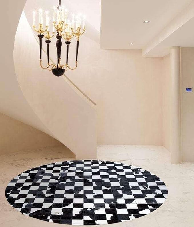 Sn Alef Home Black & White Round Rug | Checkered Floral Designer Carpet for Living Room | Handcrafted Circular Floor Mat for Home Decor & Meditation Space(4x4)