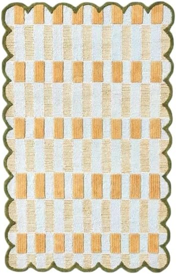 Handmade Woven Area Rug 5 x 8 ft with Scalloped Border, Cream and Mustard Checkered Pattern, Soft Decorative Rug for Living Room, Bedroom, Nursery
