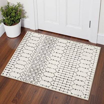 Lahome Moroccan Small Runner Rug 2x5 Rug Runner Non-Slip Washable Rug Runner Throw Lightweight Hallway Rugs Indoor Laundry Room, Geometric Print Carpet Runners for Bedroom Kitchen (White, 2'x5')