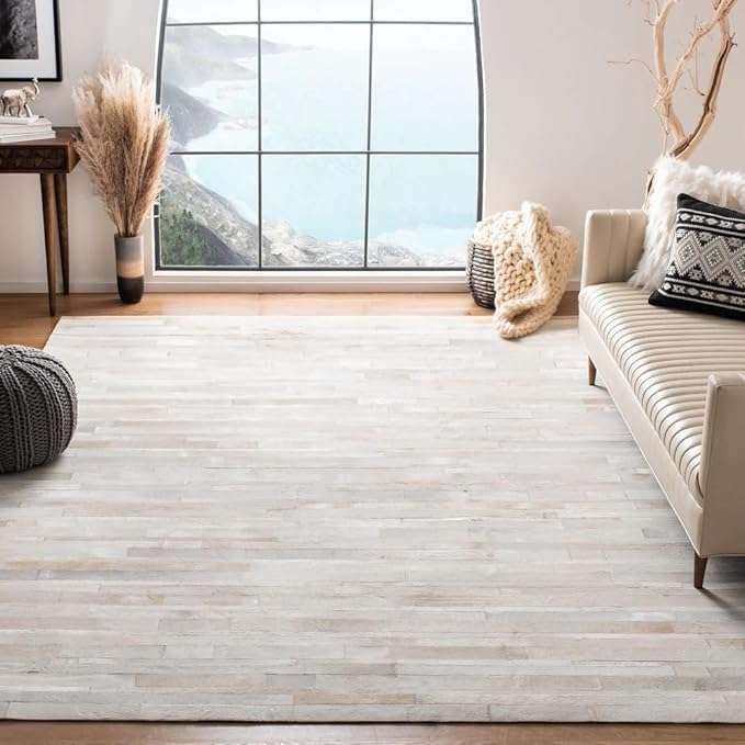 Premium Cowhide Leather Striped Area Rug, 6x9 ft, Beige, Contemporary Style, Hand-tufted, Indoor Use, Dining Room, 17.6 lbs