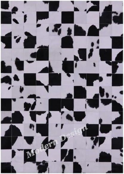 Modern Design Premium Cowhide Leather Carpet with Chevron Pattern, Area Rug (Black/White, 3x14)