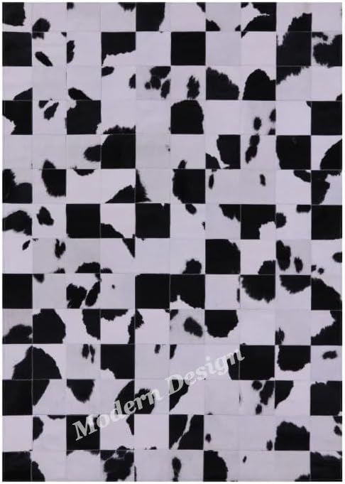 Modern Design Premium Cowhide Leather Carpet with Chevron Pattern, Area Rug (Black/White, 4x6)