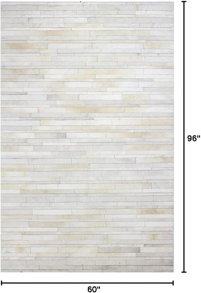 Cowhide Leather Rug for Living Room 5x8 Natural Leather Rug Modern Stripes Style Floor Carpet for Home Decor | Superior Indoor Area Rug, White