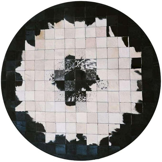Round Black & White Cowhide Leather Area Rug – Modern Geometric Circle Carpet for Bedroom, Living Room, Dining, or Office – Soft, Non-Slip, Washable Accent Floor Rug | 6x6 ft