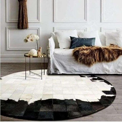 Round Geometric Patchwork Cowhide Leather Area Rug | Washable Non-Slip Carpet for Living Room, Bedroom & Home Décor(6x6 ft_White & Black)