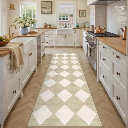 3x8 Runner Checkered Rug for Hallways Beige Washable Long Carpet Non-Slip Low Pile Boho Indoor Accent Throw Rug for Entrance Kitchen Bedroom Dining Laundry