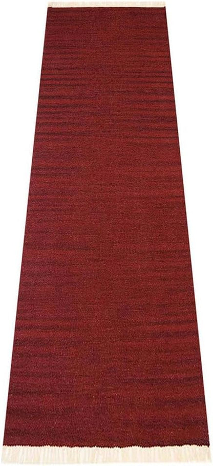 Rugsotic Carpets Hand Woven Flat Weave Kilim Wool ECO-Friendly Area Rugs - 2'6"x8', Runner Shape, Burgundy Color, Solid Plain Design, Low Pile Handmade Rugs for Living Room, Bed Room (D00111)