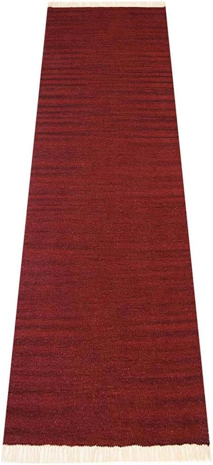 Rugsotic Carpets Hand Woven Flat Weave Kilim Wool ECO-Friendly Area Rugs - 2'6''x12', Runner Shape, Burgundy Color, Solid Plain Design, Low Pile Handmade Rugs for Living Room, Bed Room (D00111)