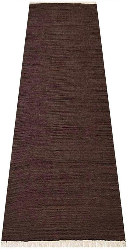 Rugsotic Carpets Hand Woven Flat Weave Kilim Wool ECO-Friendly Area Rugs - 2'6"x8', Runner Shape, Dark Brown Color, Solid Plain Design, Low Pile Handmade Rugs for Living Room, Bed Room (D00111)