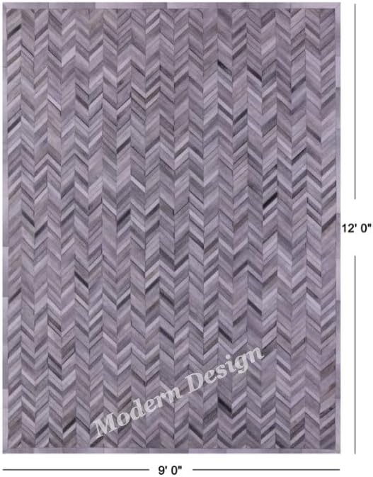 Modern Design Premium Cowhide Leather Carpet with Chevron Pattern, Area Rug (Natural Multi Grey, 6x9)