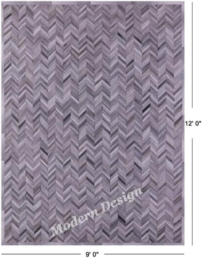 Modern Design Premium Cowhide Leather Carpet with Chevron Pattern, Area Rug (Natural Multi Grey, 8x10)
