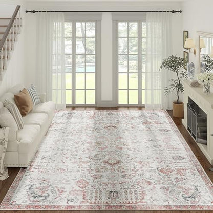 jinchan Kalen Area Rug 9x12 Washable Living Room Rug Vintage Indoor Large Floor Cover Retro Accent Mat Distressed Floral Country Boho Non Slip Thin Carpet for Bedroom Dining Room Office Red Multi