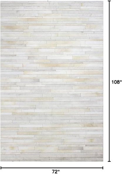 Premium Cowhide Leather Striped Area Rug, 6x9 ft, Beige, Contemporary Style, Hand-tufted, Indoor Use, Dining Room, 17.6 lbs