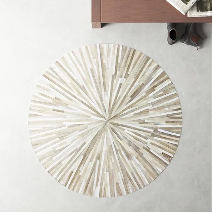 Faux Cowhide Round Area Rug | Non-Slip Leather Floor Carpet for Living Room, Bedroom, and Home Décor | Modern Stylish Accent Rug(Beige_4x4)