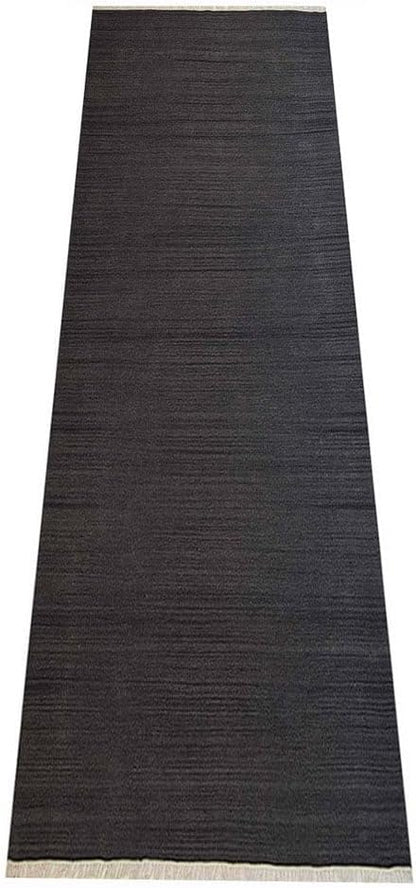 Rugsotic Carpets Hand Woven Flat Weave Kilim Wool 2'6''x6' Runner Area Rug Solid Charcoal D00111