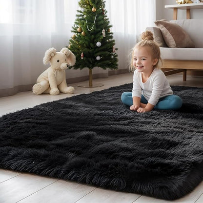 Zentavio Black Area Rugs for Living Room Bedroom 5x8 Large Men Room Carpet Fluffy Furry Shag Aesthetic Plush High Pile Floor Rug for Nursery Kids Room Dorm Home Decor