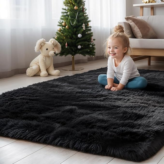 Zentavio Black Area Rugs for Living Room Bedroom 4x6 Men Room Carpet Fluffy Furry Shag Aesthetic Plush High Pile Floor Rug for Nursery Kids Room Dorm Home Decor