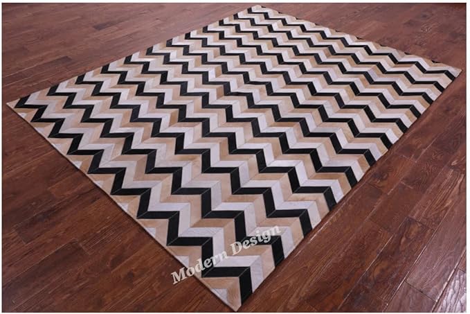 Modern Design Premium Cowhide Leather Carpet with Chevron Pattern, Area Rug (Beige/Black/Grey/Ivory, 12x15)