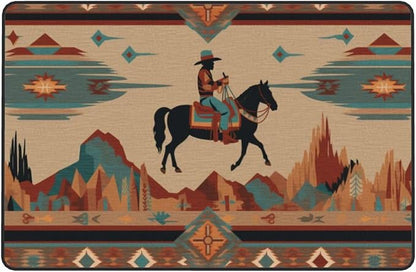 Horse Western Boho Ethnic Style Area Rug Washable Outdoor Rugs Anti-Slip Soft Carpet Entryway Indoor Door Mat for Bedroom,Living Room,Porch,Terrace and Entrance Decor 9'x 6'