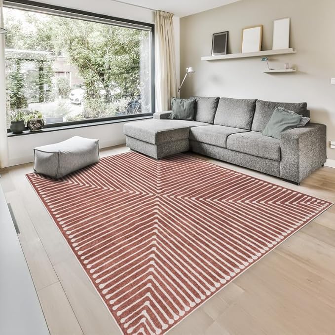 GLN Rugs Contemporary Collection - Machine Washable Area Rug, Contemporary Washable, Non Slip, Low Pile Chenille Rug, Living Room, Bedroom, Kitchen Rug (6' x 9' Beige Orange)