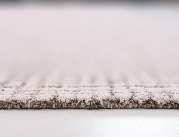 Hand-Tufted 100% Wool Pile Area Rug – Geometric Textured Grid Check Pattern – Thick and Durable Floor Carpet for Bedroom, Living Room, Kids Room, and Dining Area (Ivory-Brown, 10' x 12')