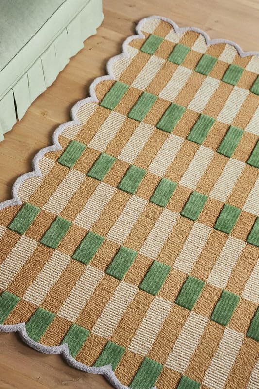 Handmade Scalloped Wool Area Rug - Modern Geometric Pattern, Green-Beige Stripes, Checkered Chevron Design - Soft, Durable Thick Carpet for Living Room, Bedroom (Green, 5' x 8')